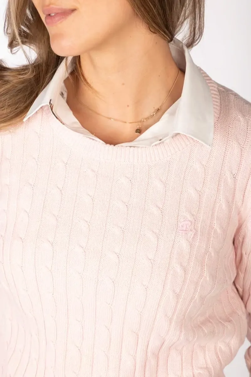 Rydale Ladies Emma Crew Neck Cable Knit Jumper in Soft Pink-6