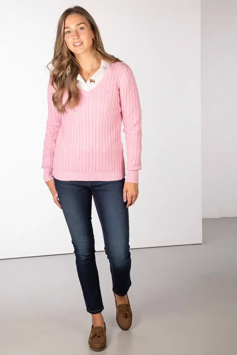 Rydale Emma Ladies V Neck Cable Knit Jumper in Perfect Pink-5