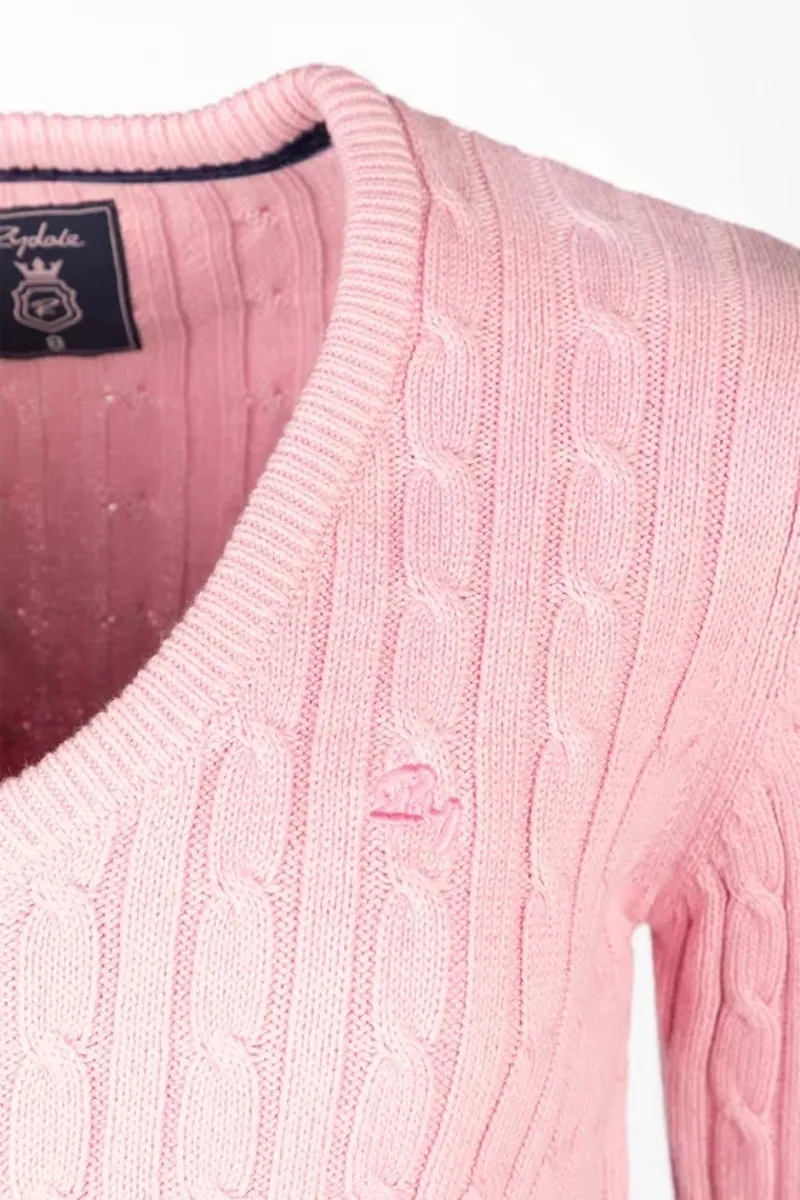 Rydale Emma Ladies V Neck Cable Knit Jumper in Perfect Pink-2