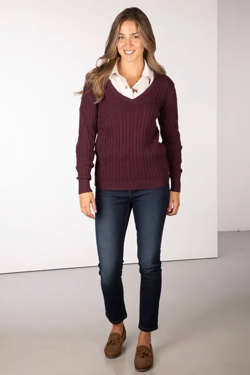 Rydale Emma Ladies V Neck Cable Knit Jumper in Burgundy-5