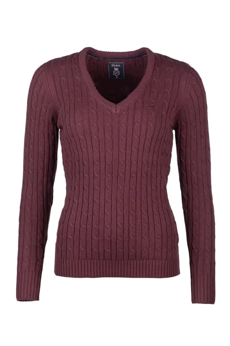 Rydale Emma Ladies V Neck Cable Knit Jumper in Burgundy