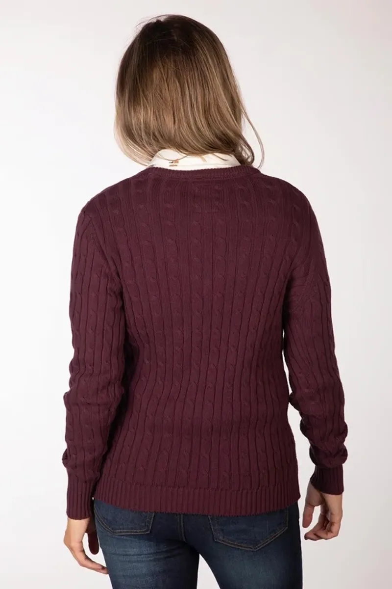 Rydale Emma Ladies V Neck Cable Knit Jumper in Burgundy-4