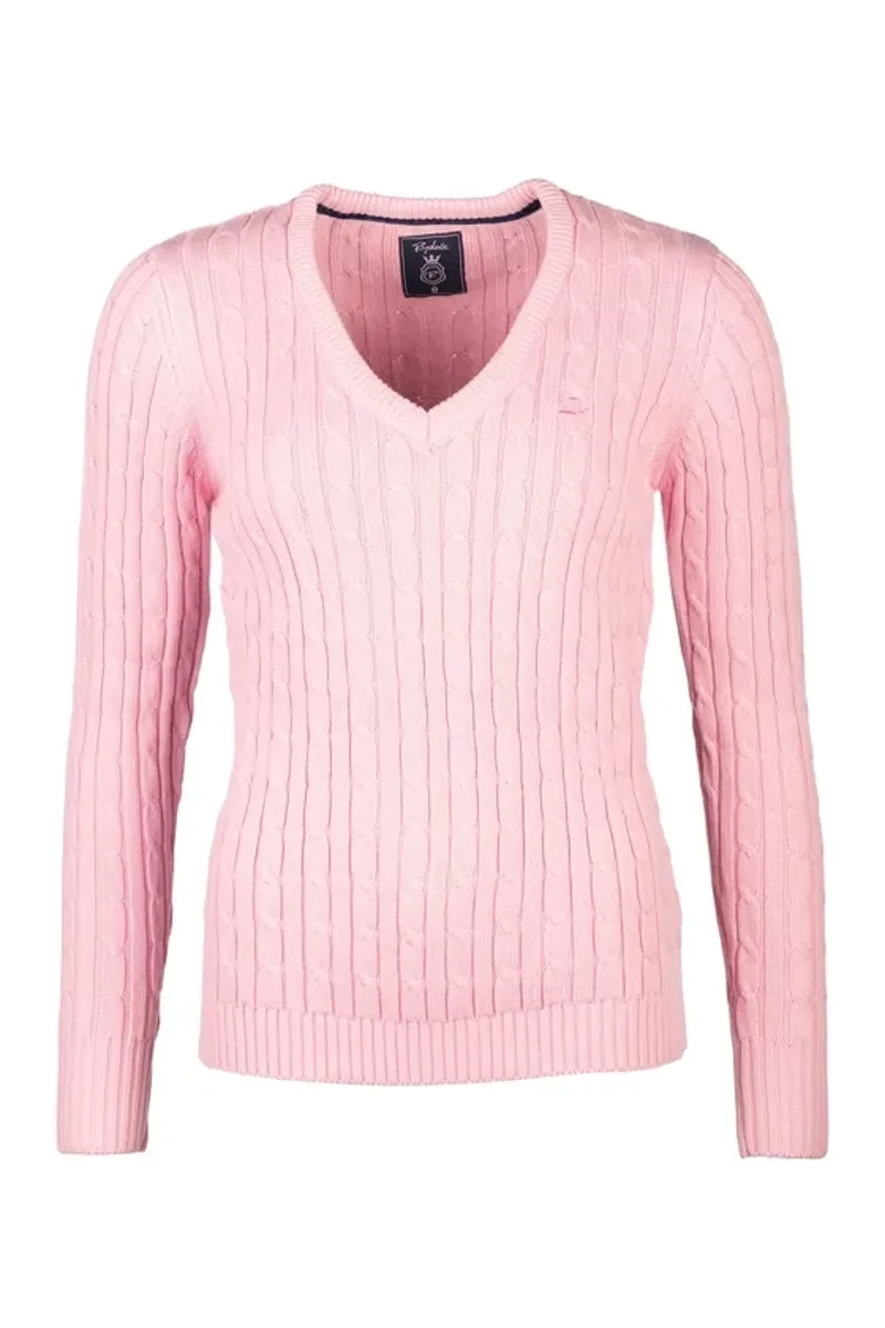 Rydale Emma Ladies V Neck Cable Knit Jumper in Perfect Pink