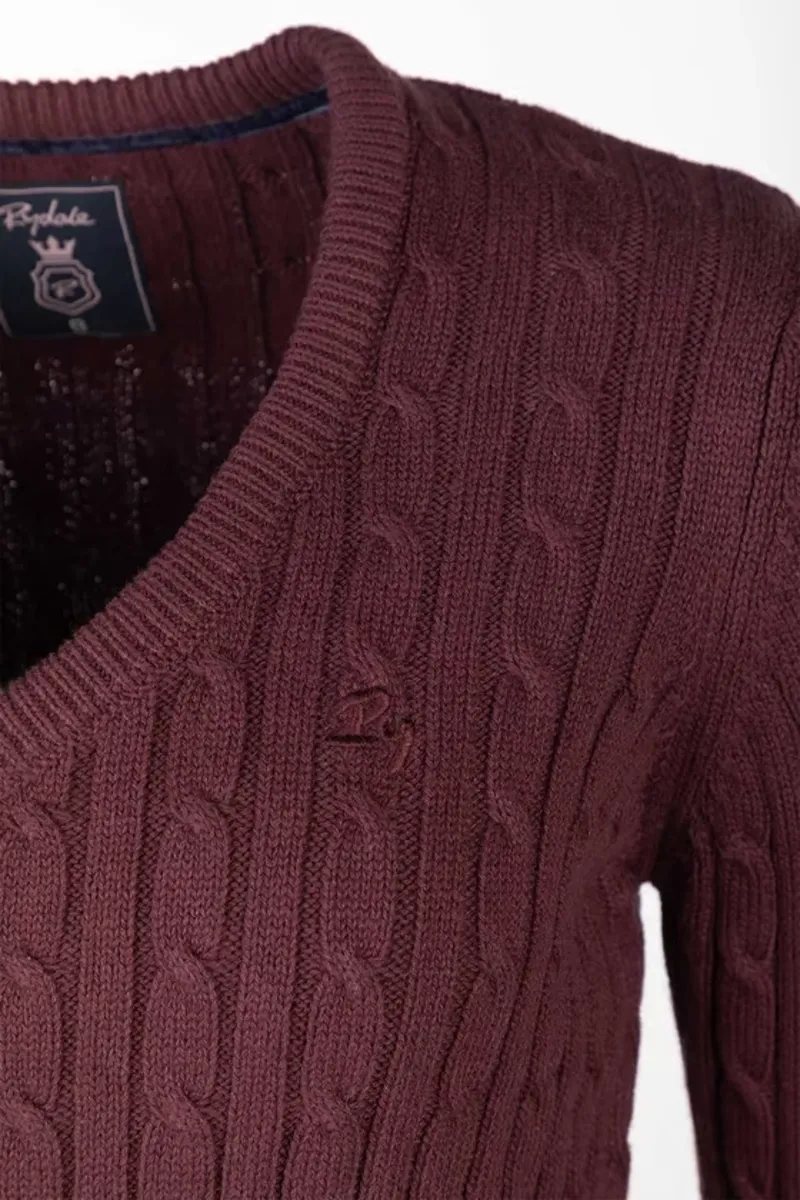 Rydale Emma Ladies V Neck Cable Knit Jumper in Burgundy-2