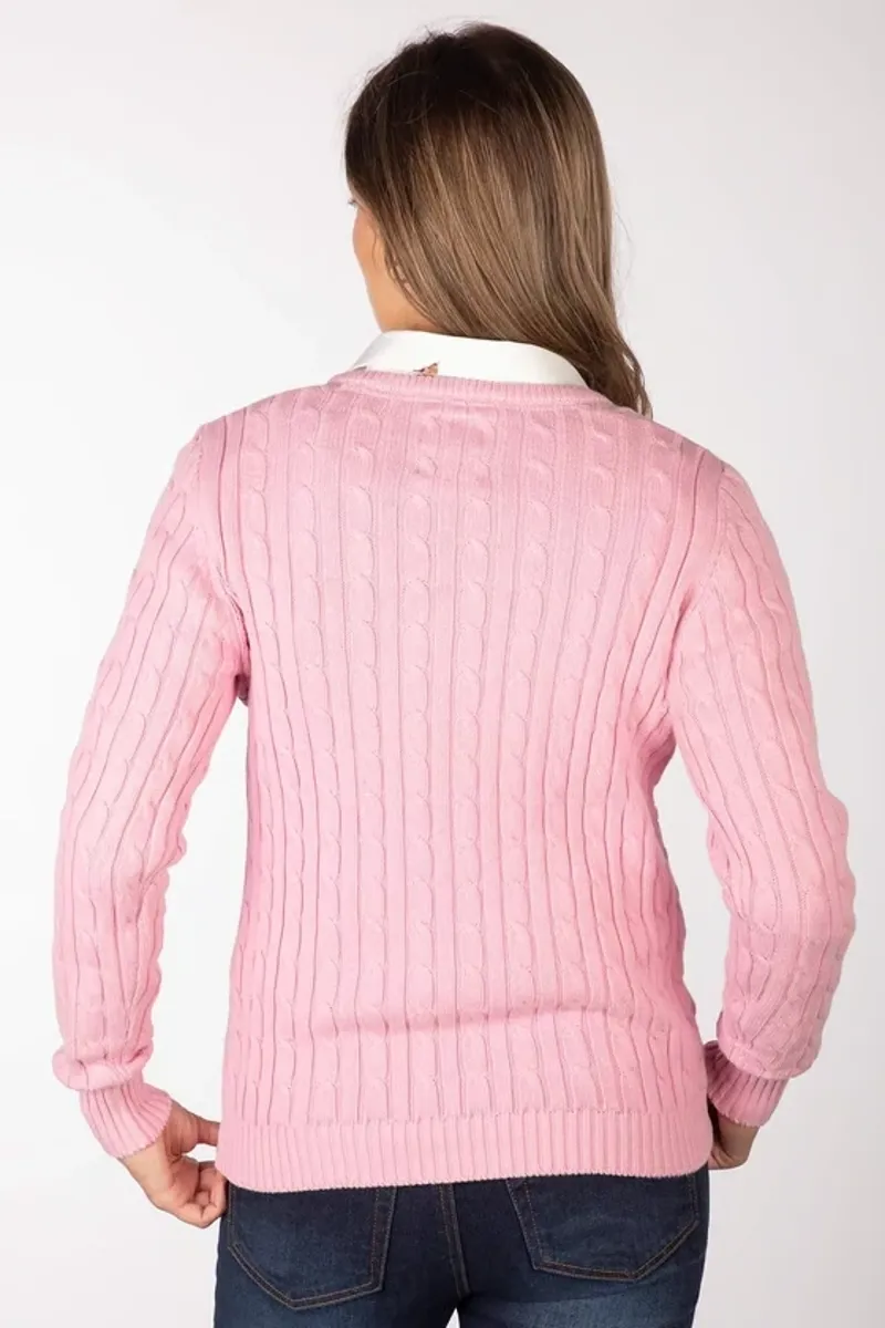 Rydale Emma Ladies V Neck Cable Knit Jumper in Perfect Pink-4